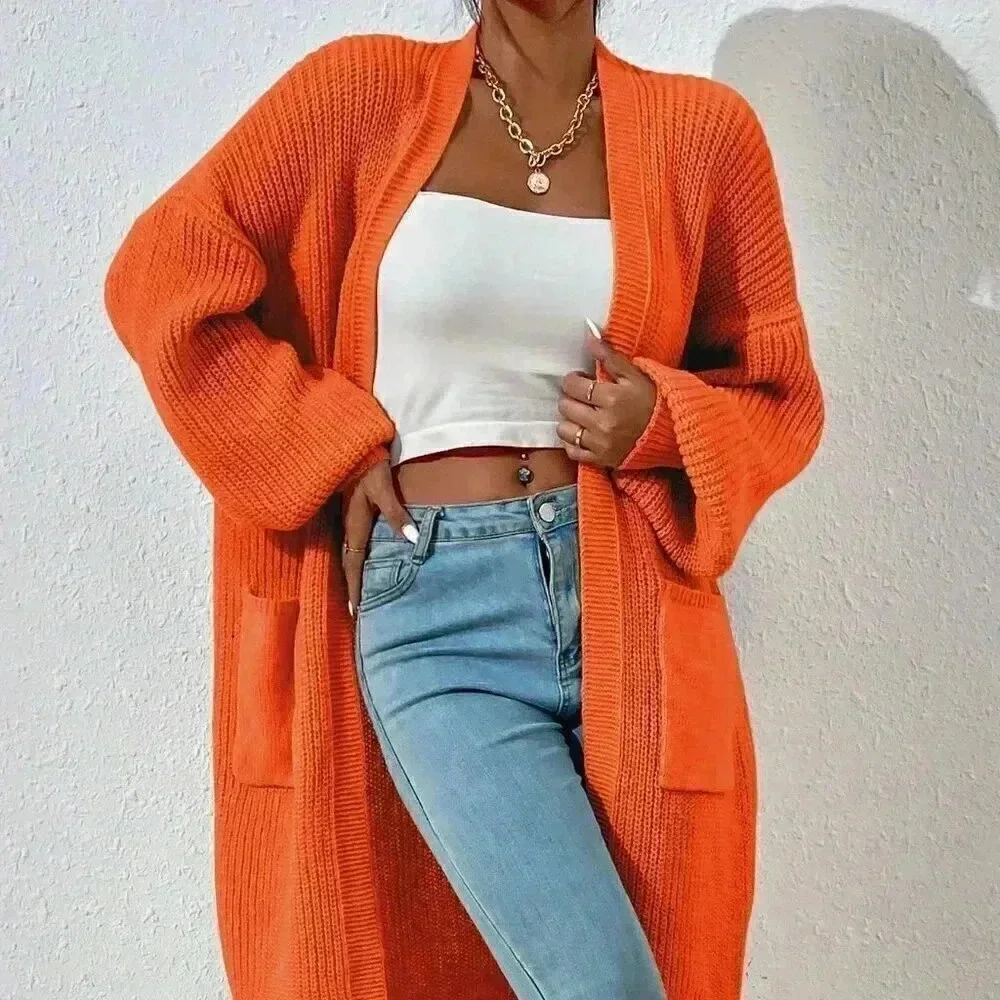 Orange Casual Women's Dual Pocket Drop Shoulder Duster Cardigan